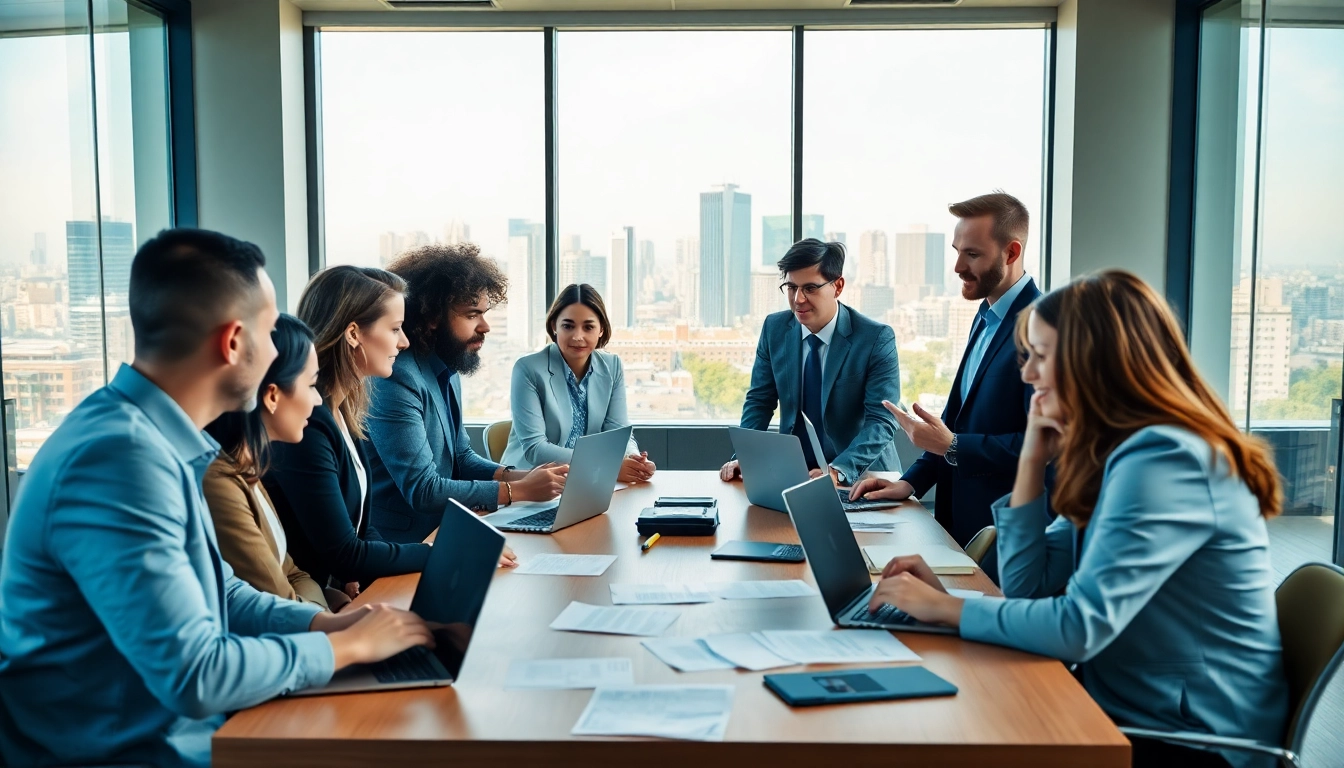 Engaging business meeting showcasing collaboration among professionals in a modern office.