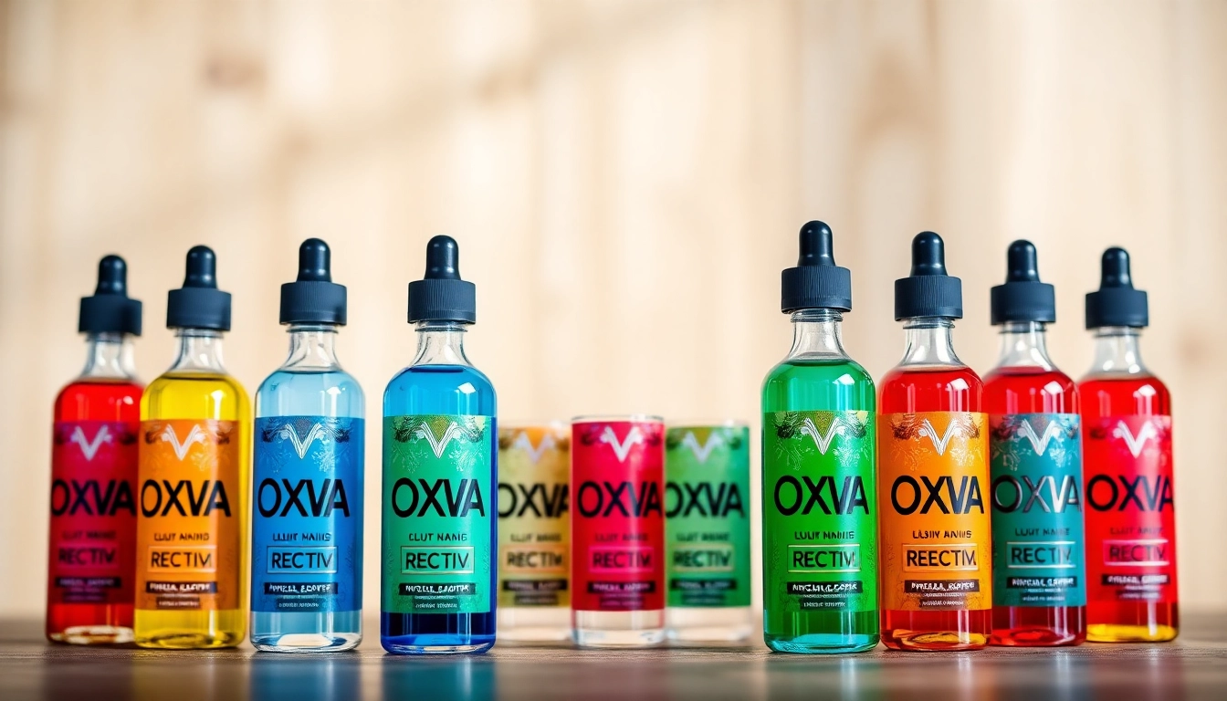 Erkunden Sie Oxva Liquid Flaschen in verschiedenen Farben und Geschmacksrichtungen auf einem Holzhintergrund.