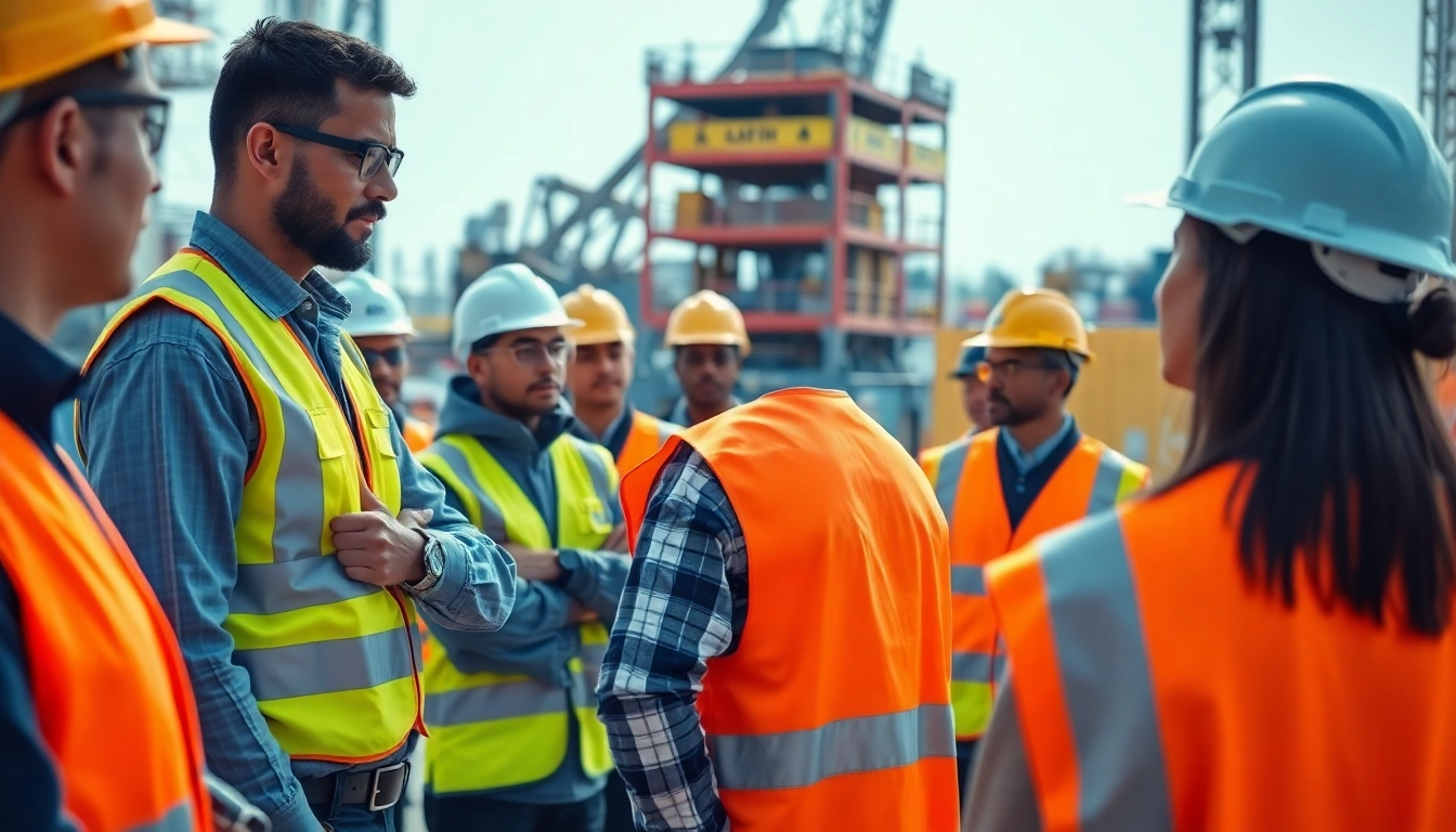 Engaged construction safety training session highlighting proper techniques and teamwork.