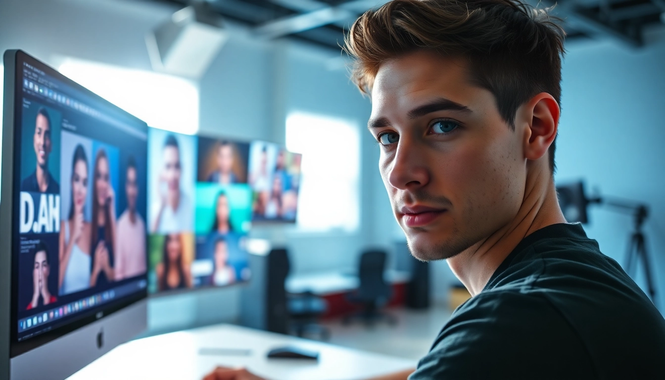 Engaging digital artist utilizing the face swap technology in a creative studio.