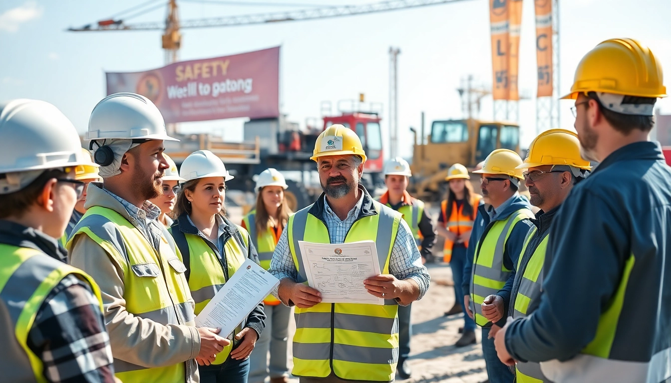 Engaged workers undergo construction safety training with a professional trainer outdoors.