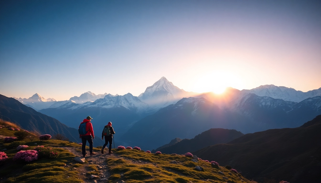 Everest Base Camp Trek with Helicopter Return showcasing trekkers against the stunning Himalayan backdrop.