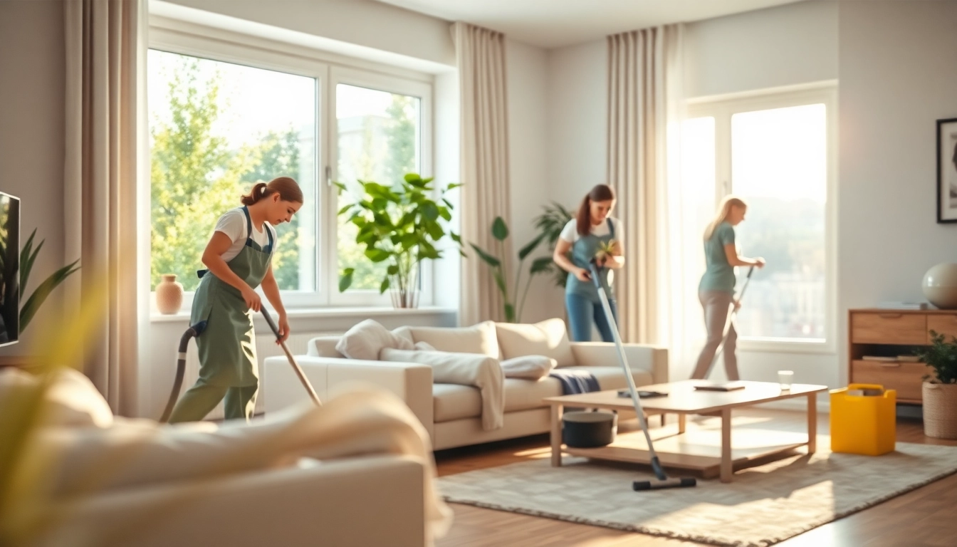 Efficient hemstädning stockholm in a bright apartment setting highlights a cleaning team at work.