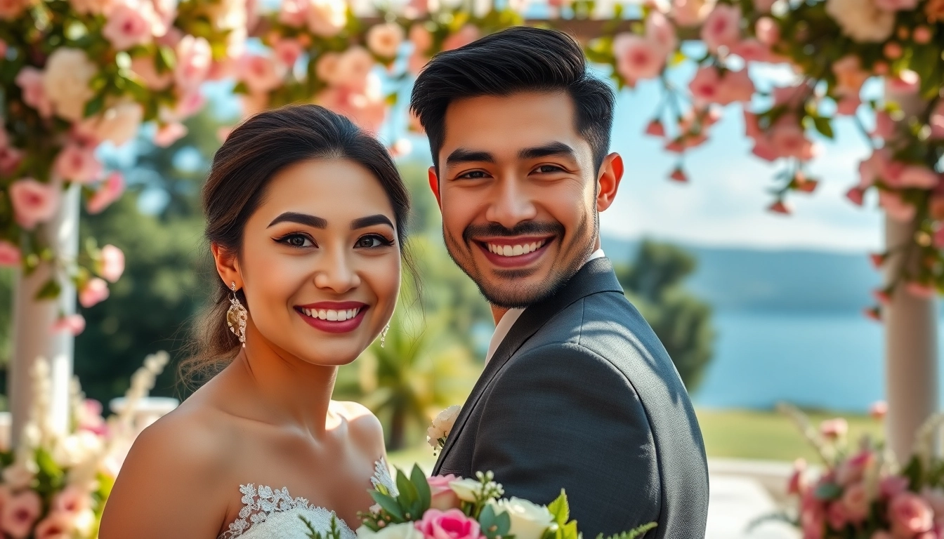 Wedding photographer capturing a couple's joyful moment outdoors.