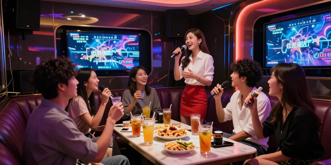 강남가라오케에서 친구들과 함께 즐거운 시간을 보내는 모습, 화려한 조명 및 고급 음향 시스템이 특징입니다.