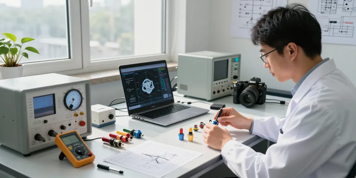 Close-up of geophone connectors on an engineer's workspace, showcasing technical precision and quality.