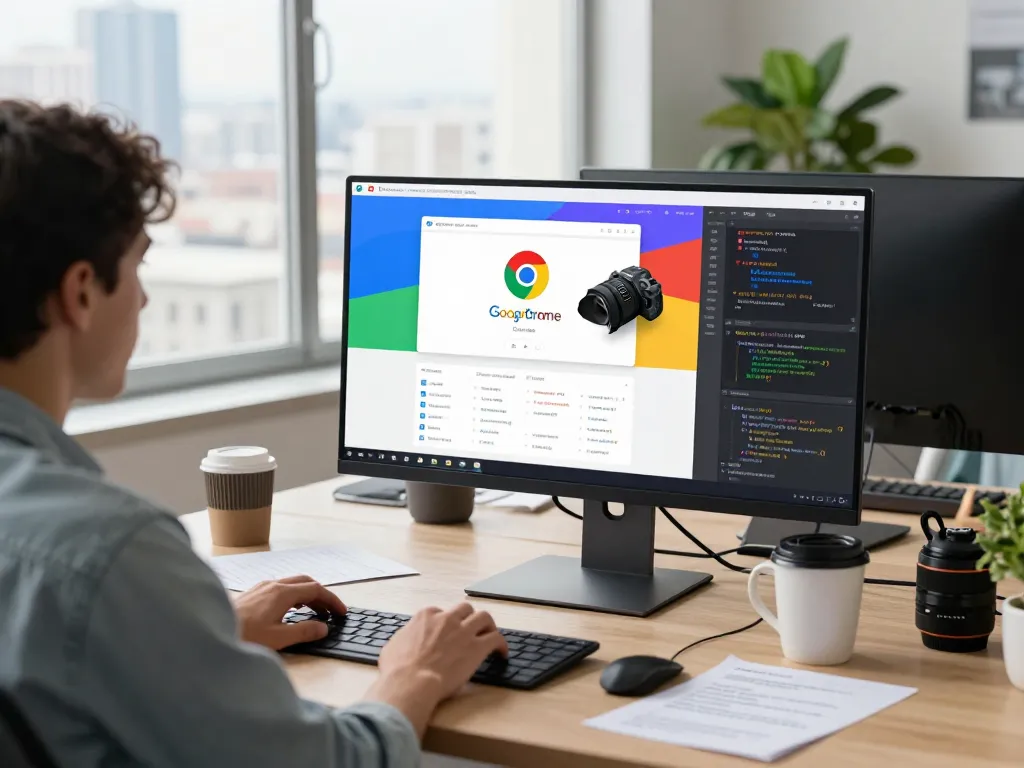Developer using 谷歌浏览器 on a desktop with vibrant displays, showcasing productivity.