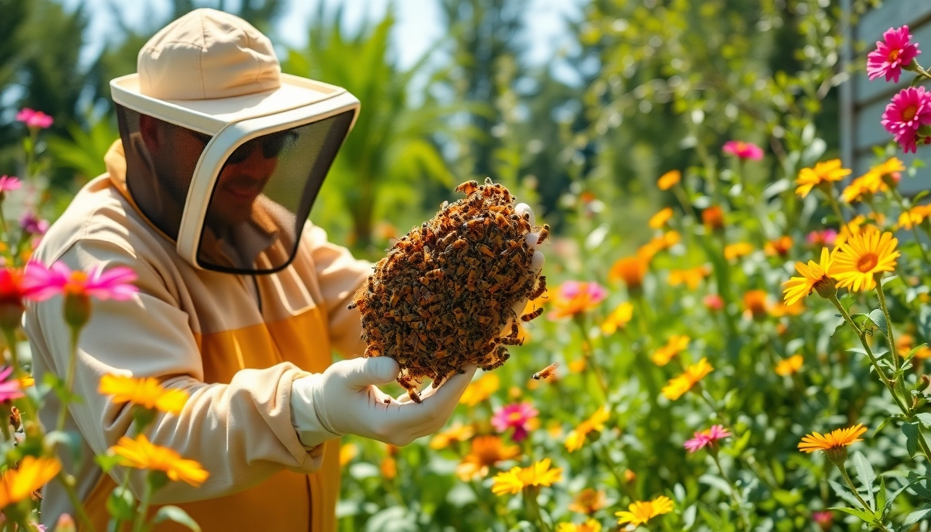 Engaging honey bee removal services scene showcasing a beekeeper gently handling bees in a beautiful garden.