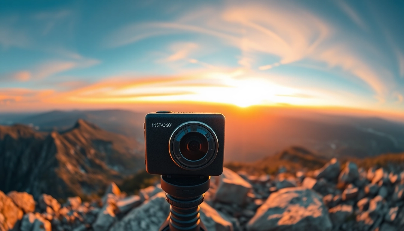 Insta360 camera capturing stunning panoramic views of a sunset landscape.