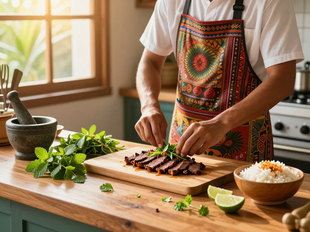 Delicious thai beef larb recipe being prepared with fresh herbs and grilled beef in a vibrant kitchen.