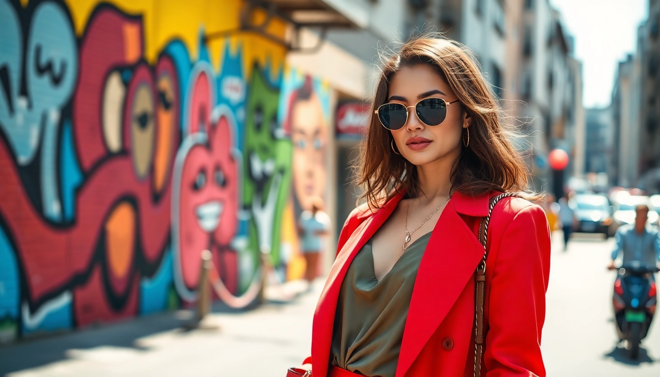 Fashion model poses confidently in vibrant urban setting, showcasing stylish outfit and accessories.
