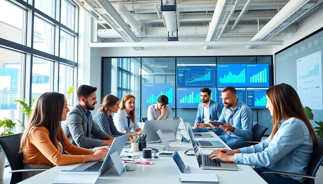 Engaged team strategizing Digital advertising solutions in a modern workspace.