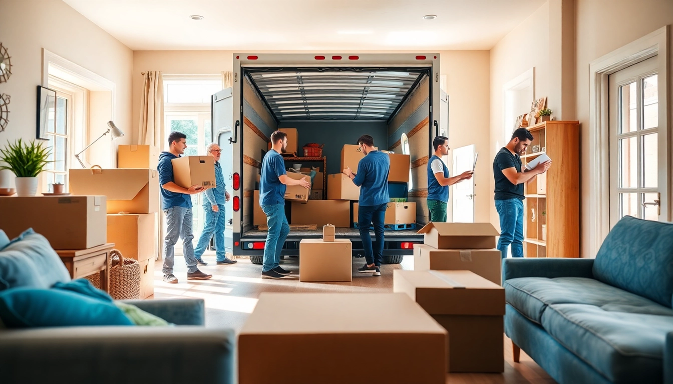 Efficient Moving Services with professional movers organizing items in a bright home.