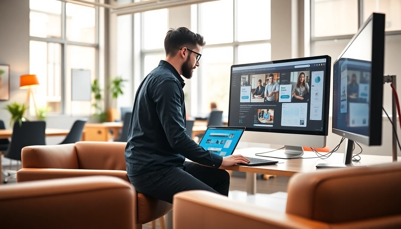 Showcasing teamwork at a web development company with collaborative coding and design discussions.