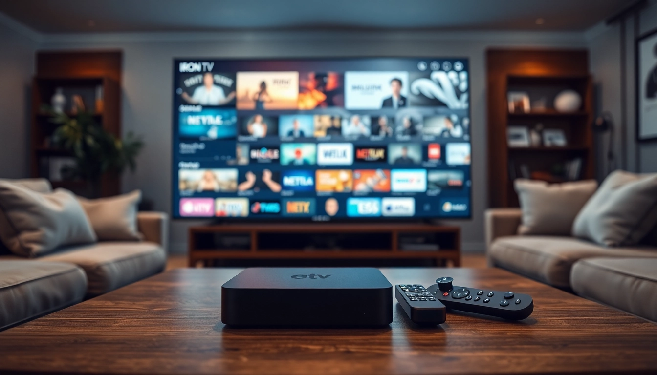 iron tv pro displayed in a modern living room, showcasing its streaming features.