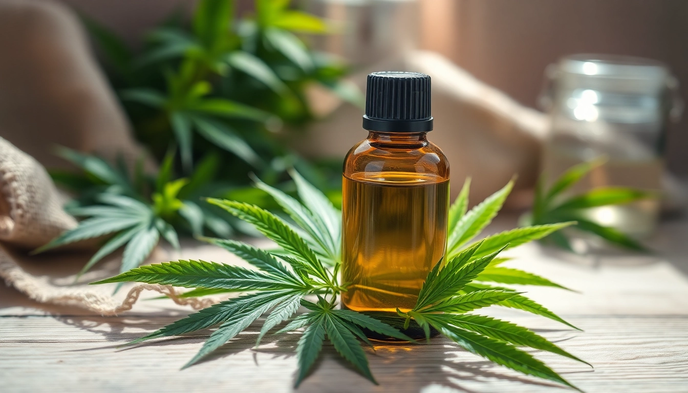 Appliquer de l'huile cbd hollyweed sur une surface en bois avec des feuilles de chanvre fraîches.