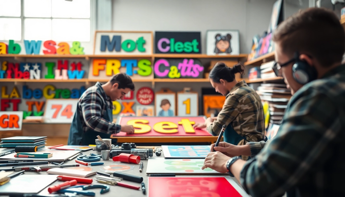 Artisans creating custom signs at pm signs corporation studio, showcasing vibrant design details.