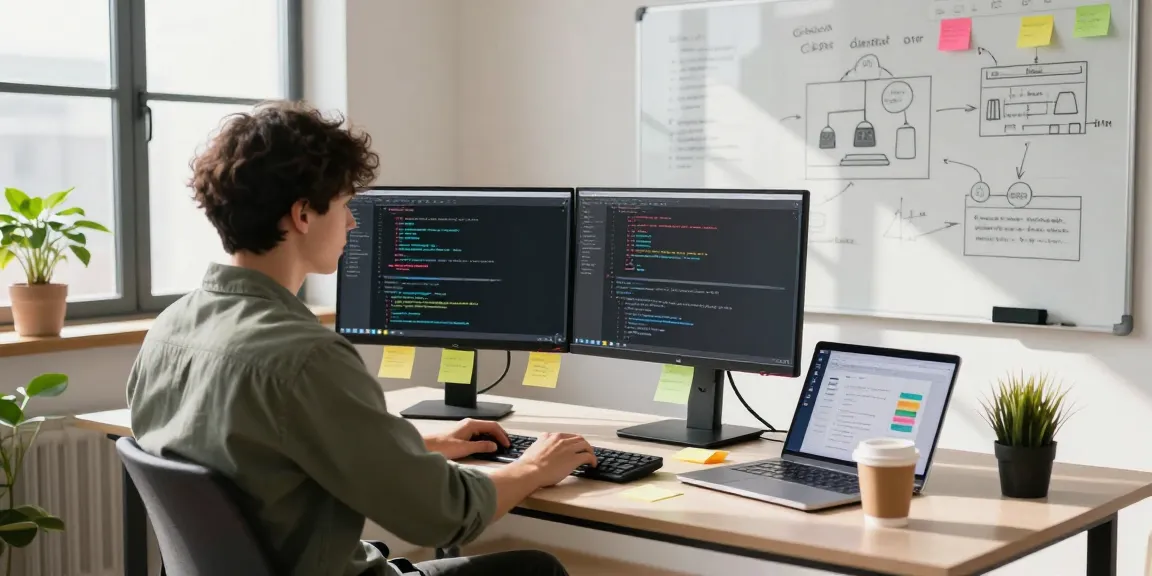 Young developer at a modern desk optimizing the 纸飞机官网 application interface.