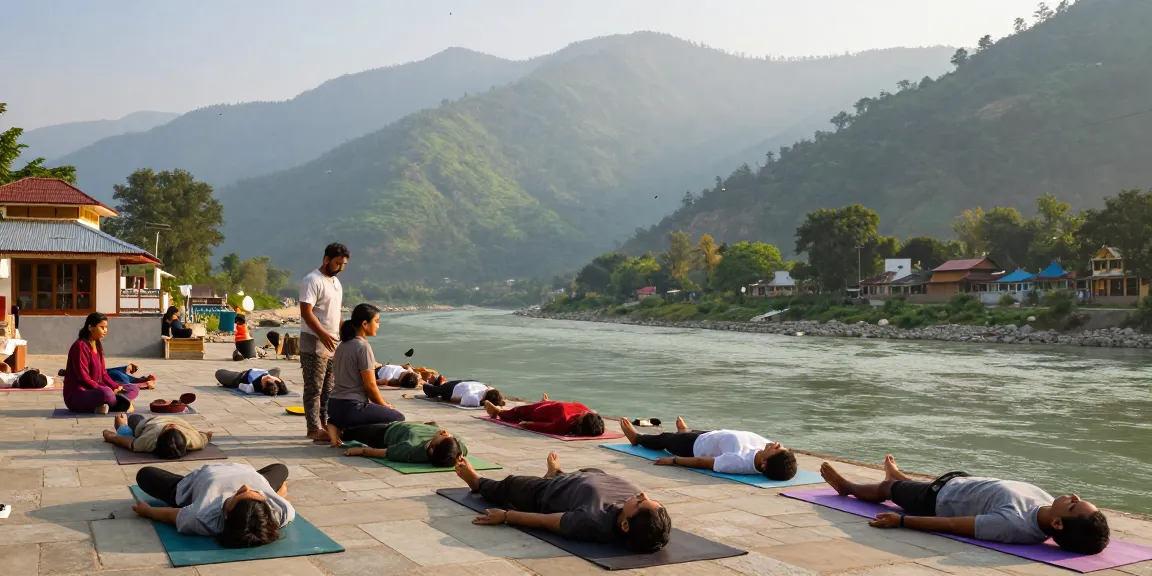 Yoga practitioners engaged in the 300 hour yoga teacher training in India by the sacred River Ganga in Rishikesh.