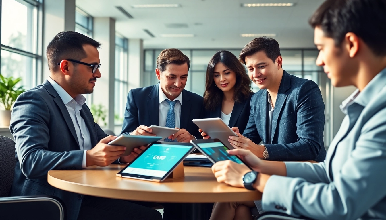 Scotia Connect platform showcased in a modern office with professionals using digital devices, emphasizing efficiency.