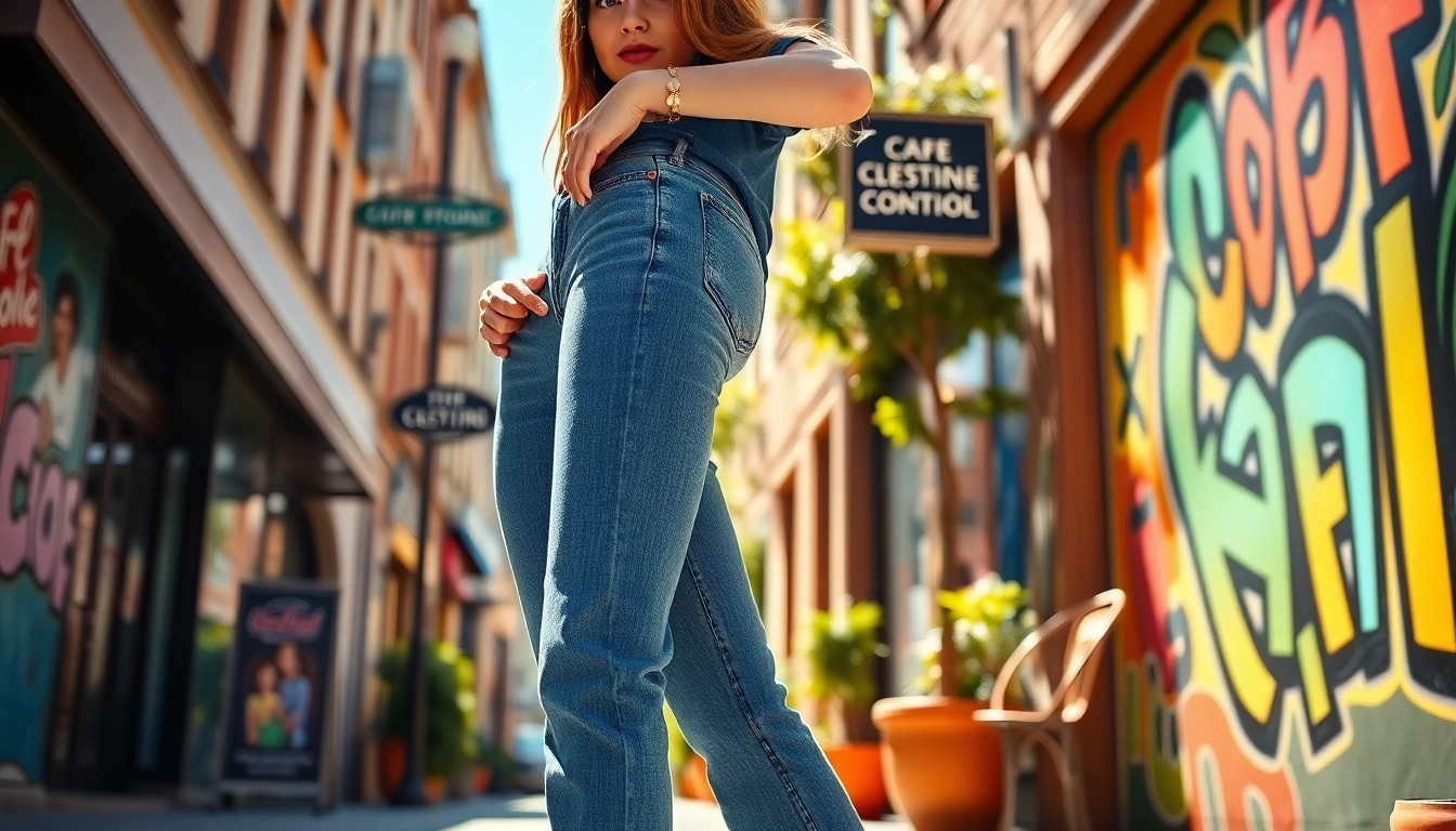 A woman exudes confidence while wearing womens bootcut jeans in a vibrant urban setting.