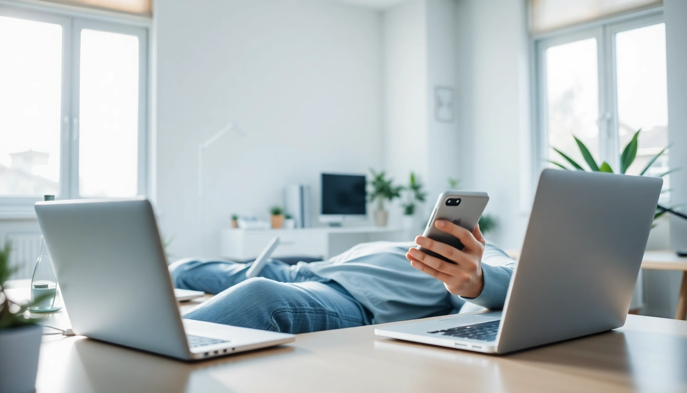 快连下载 app in use by a professional in a bright home office setting, showcasing seamless technology integration.