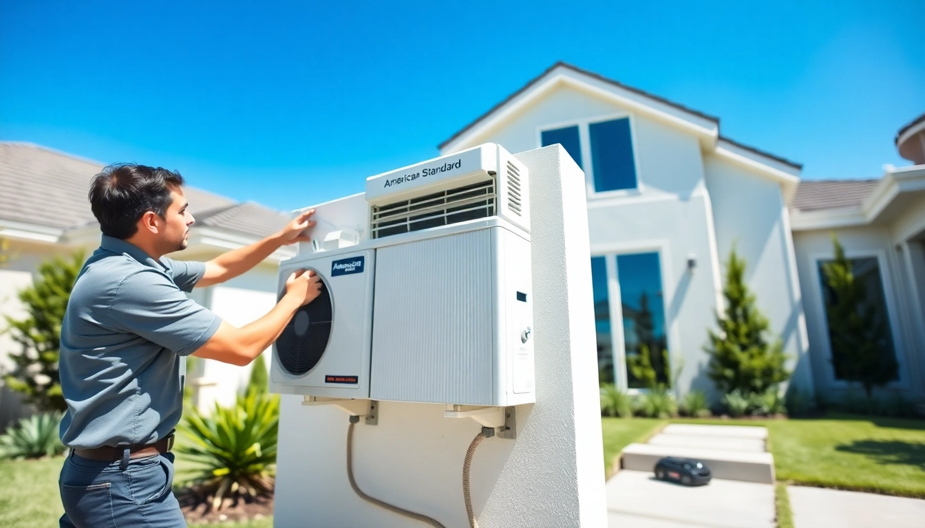 Install an American Standard air conditioner with a technician in a well-maintained garden.