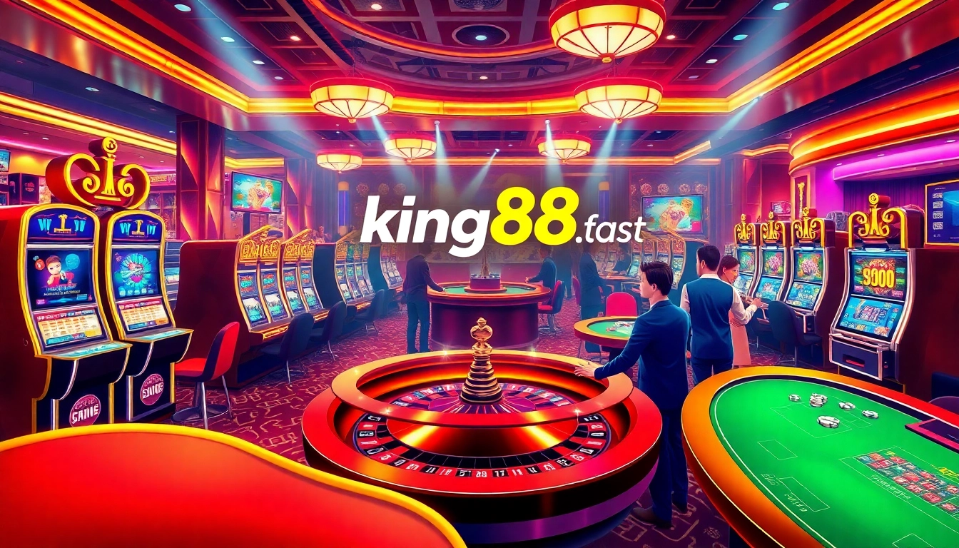 Exciting online gambling scene at king88.fast with players enjoying vibrant slot machines and poker tables.