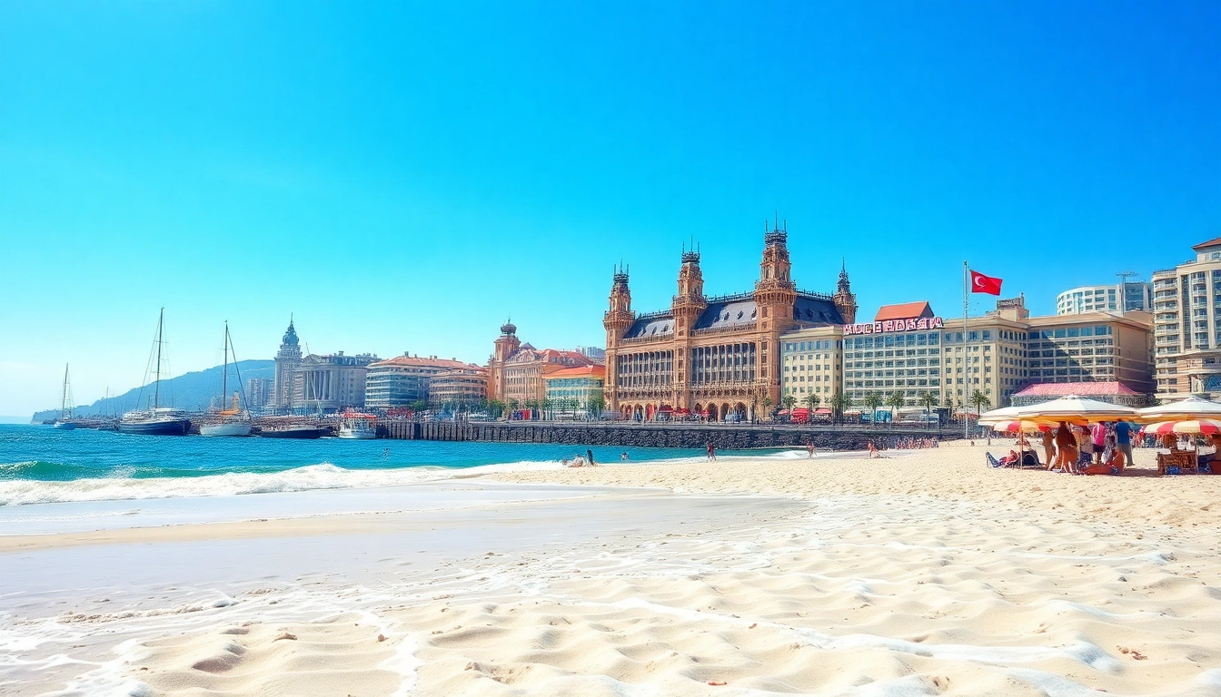 Visitors enjoying Qingdao's beautiful coastal scenery with iconic architecture in the background.
