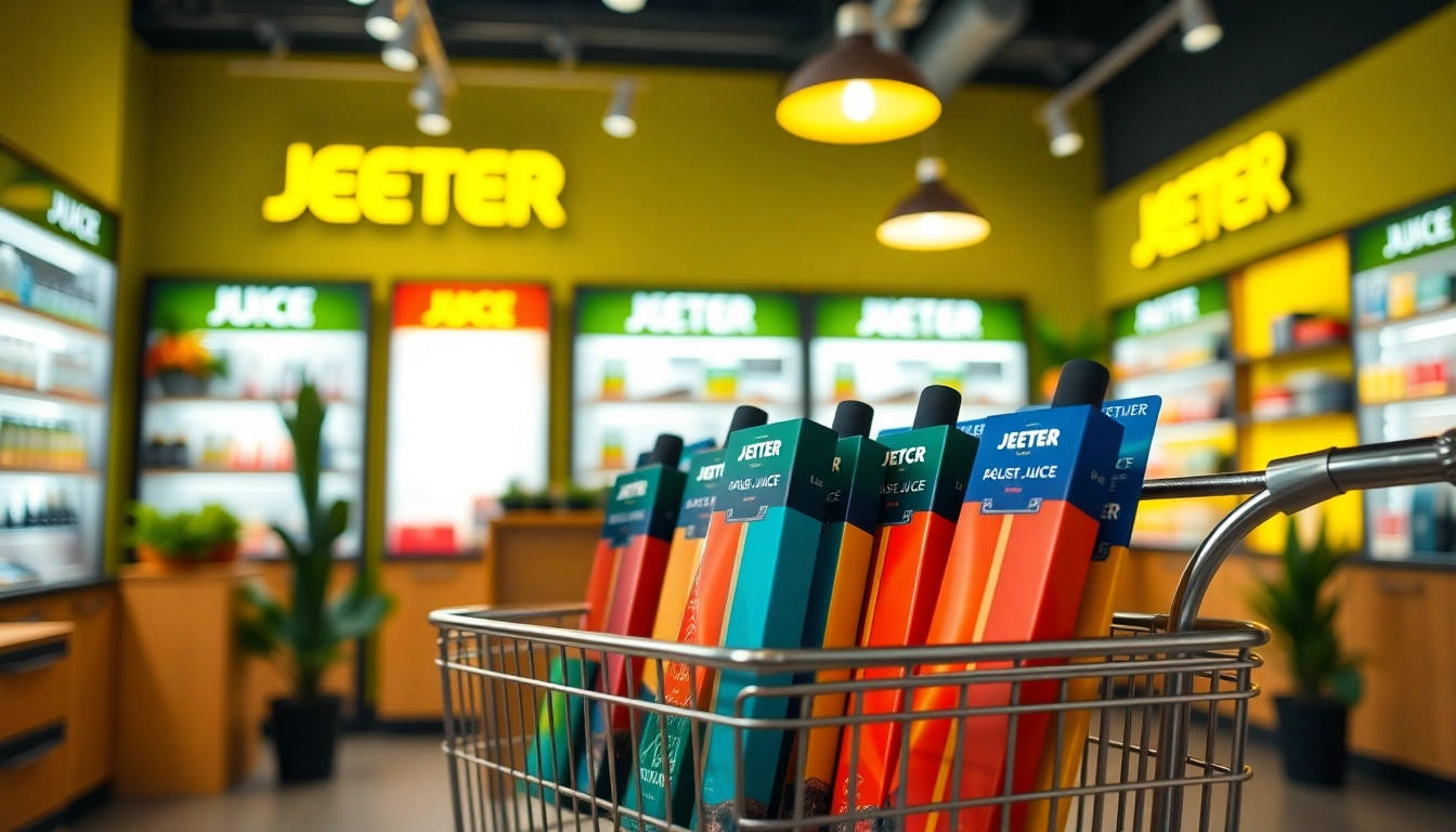 Showcase a vibrant jeeter juice cart filled with colorful vape products in a modern store.