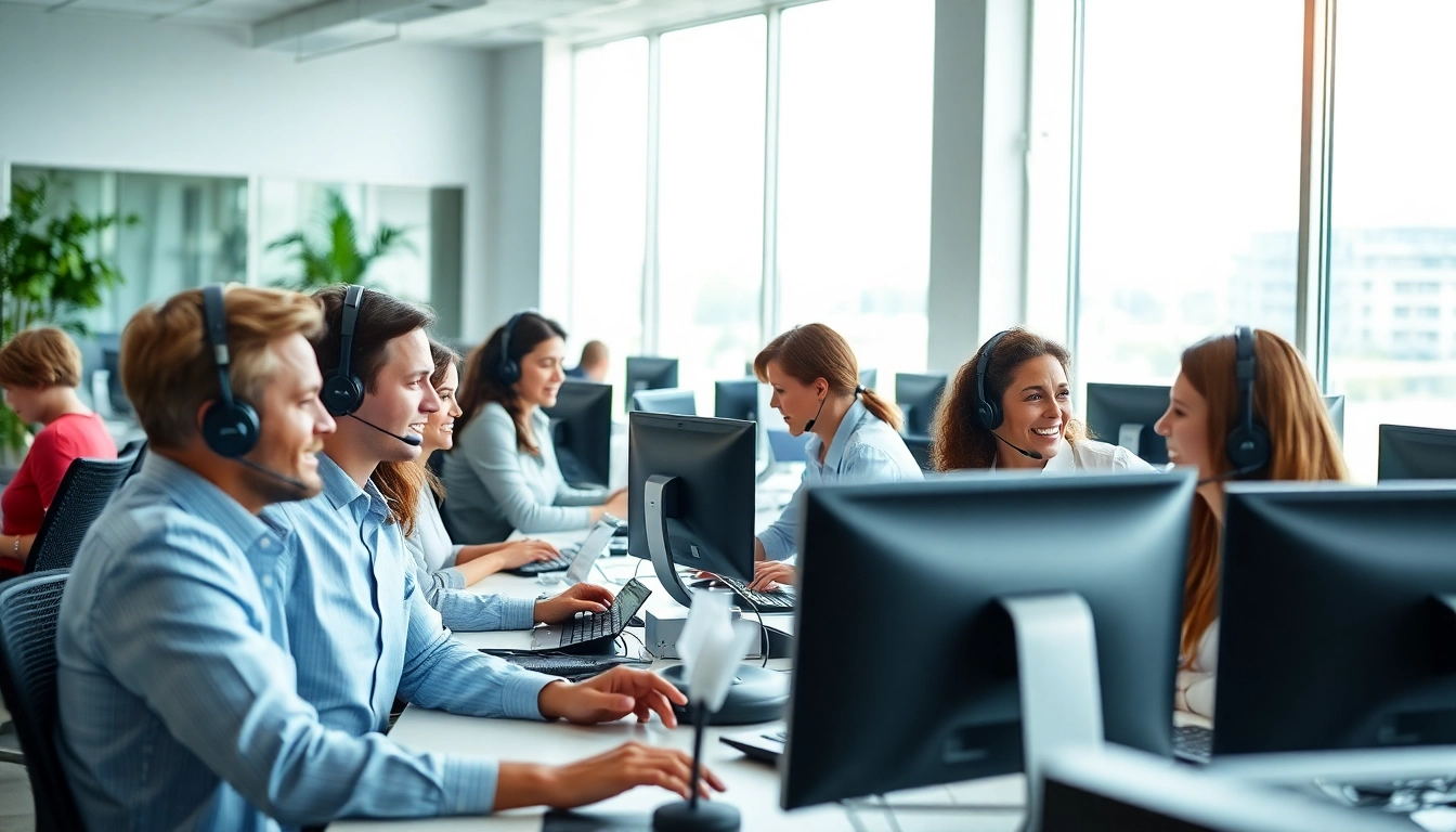 Agents efficiently using call center software in a modern, collaborative workspace.
