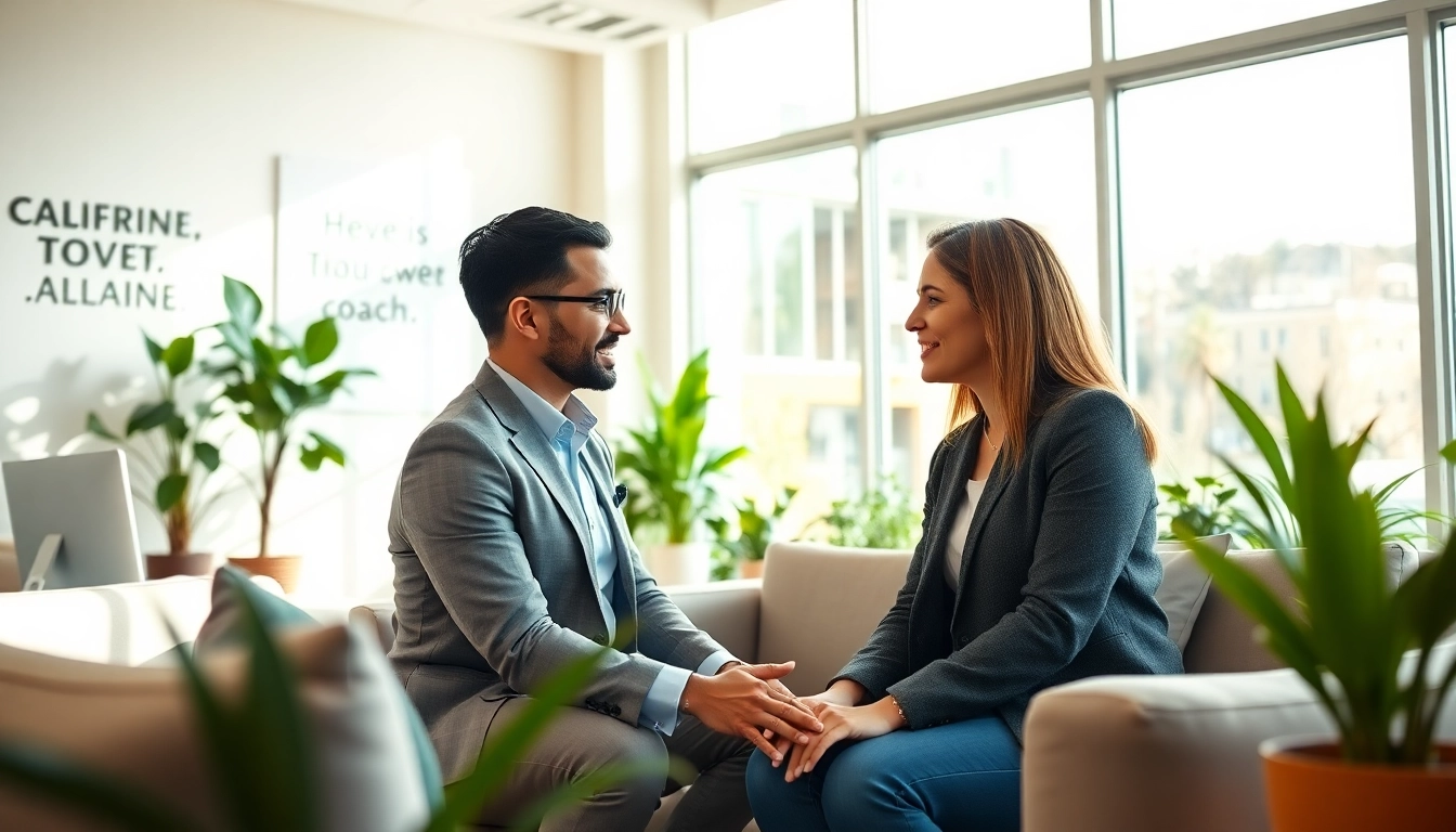 Business coach California strategizing with a client in a bright office.