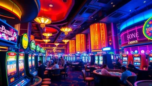 คาสิโนที่เต็มไปด้วยความสนุกสนานและผู้เล่นบนพื้นคาสิโน