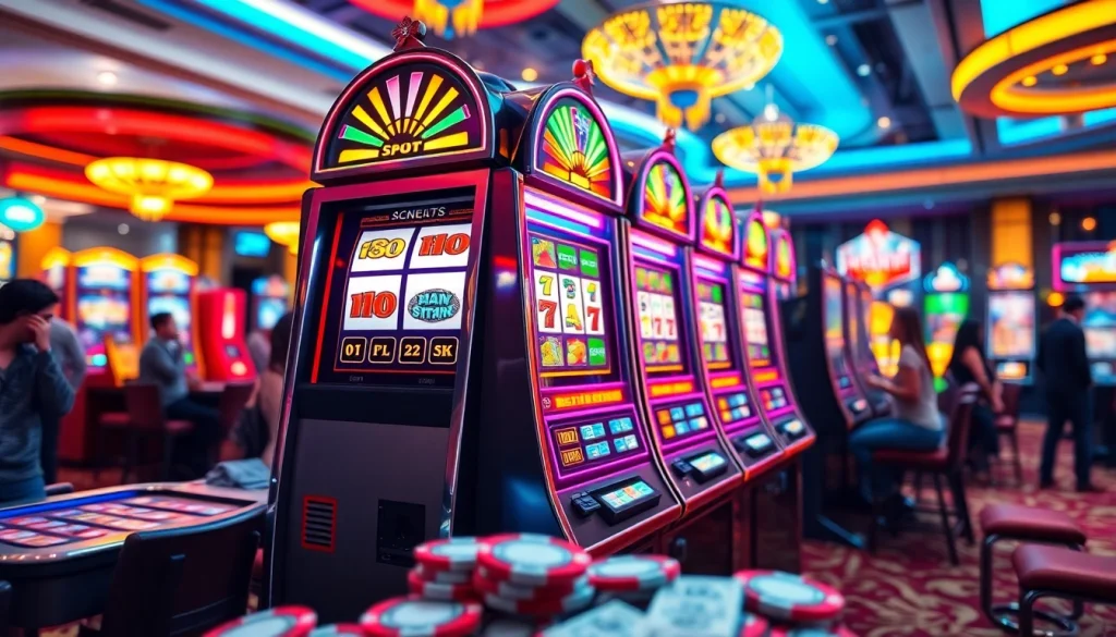 Putar slot online dalam suasana kasino yang meriah dengan mesin slot yang berwarna-warni.