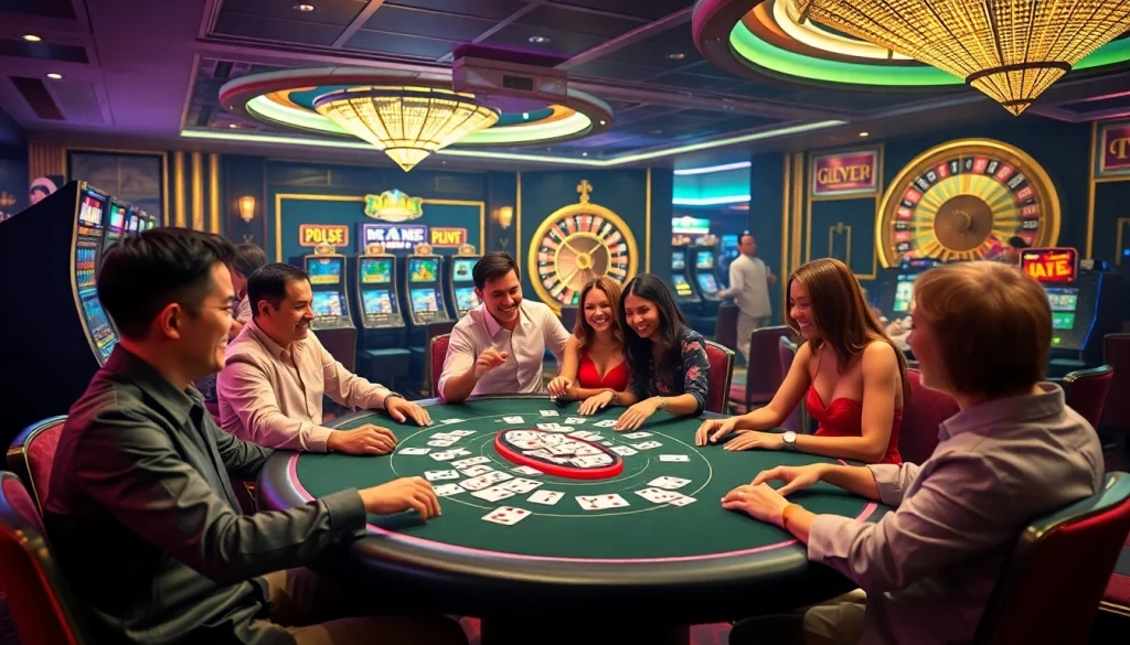 A lively casino environment featuring poker tables and slot machines, showcasing KJC AC 1's entertainment potential.