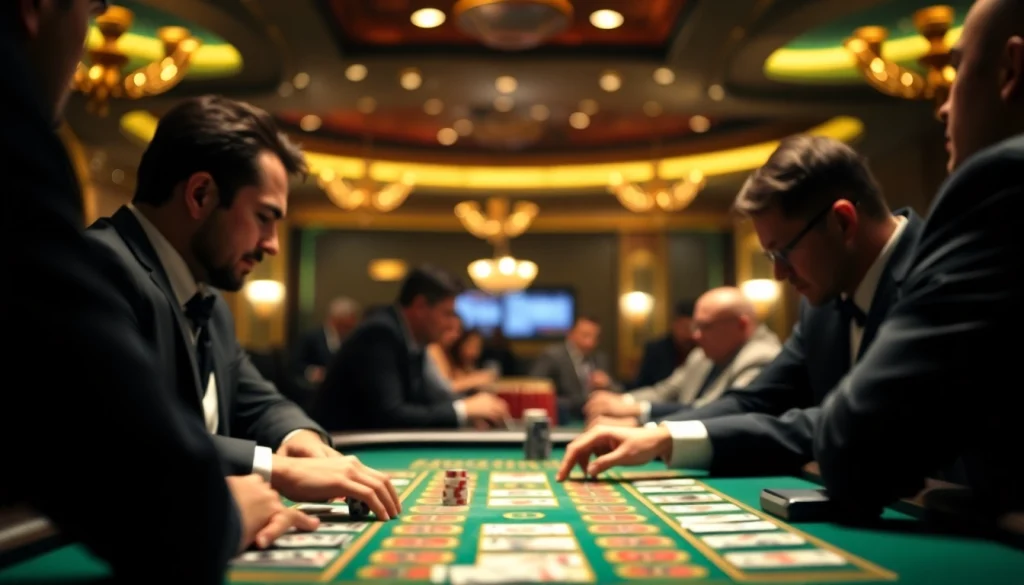 Menempatkan taruhan dalam permainan toto togel di kasino dengan fokus intens pada meja permainan.