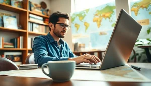 Planning a perfect trip using a travel planner in a cozy café setting.