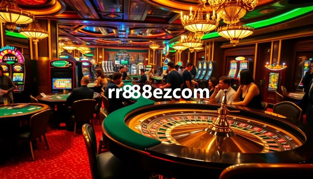 Dive into the thrilling world of rr88ezcom with players at vibrant poker tables and roulette wheels.