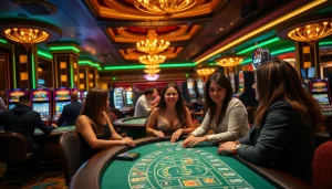 คาสิโนในบรรยากาศหรูหรา พร้อมผู้เล่นที่มีความสุขกำลังเล่นเกม