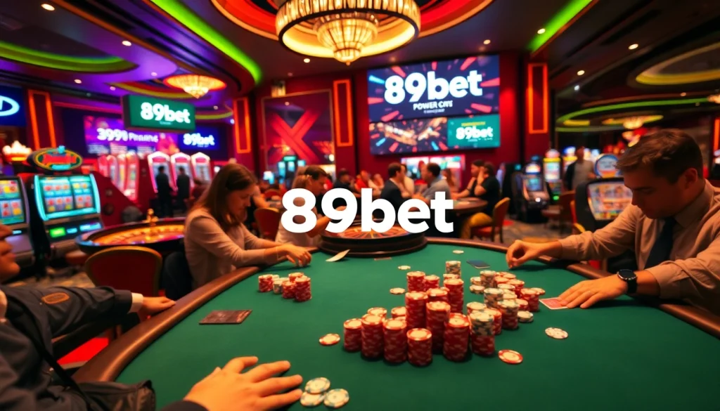 Join the excitement at 89bet with players at a lively poker table surrounded by vibrant casino activities.