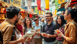 Engaging travelers at a lively marketplace showcasing products related to https://travelingossip.com.
