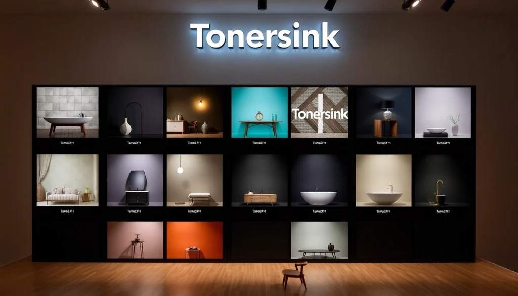 Tonersink showcases premium toner cartridges and ink supplies in a vibrant product display.