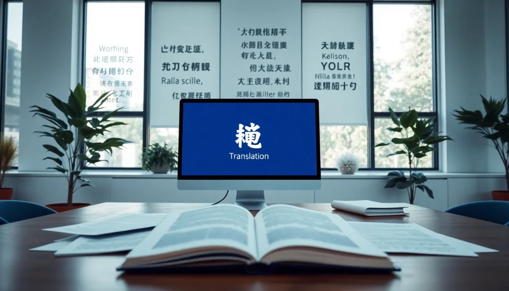 Transforming documents with 有道翻译 in a modern office setting, featuring a sleek desktop.