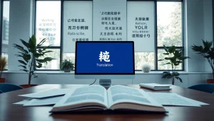 Transforming documents with 有道翻译 in a modern office setting, featuring a sleek desktop.