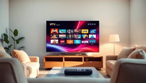 Experience premium IPTV streaming with https://vizomate.com showcased in a cozy living room setup.