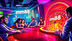 mm88 showcases a high-energy casino scene with players at a poker table, vibrant colors, and dynamic lighting.