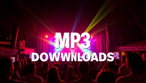 Enjoy MP3 download opportunities at a lively concert, with vibrant lights and an excited crowd.