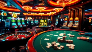 S 8 players engaging at a vibrant poker table in a lively casino