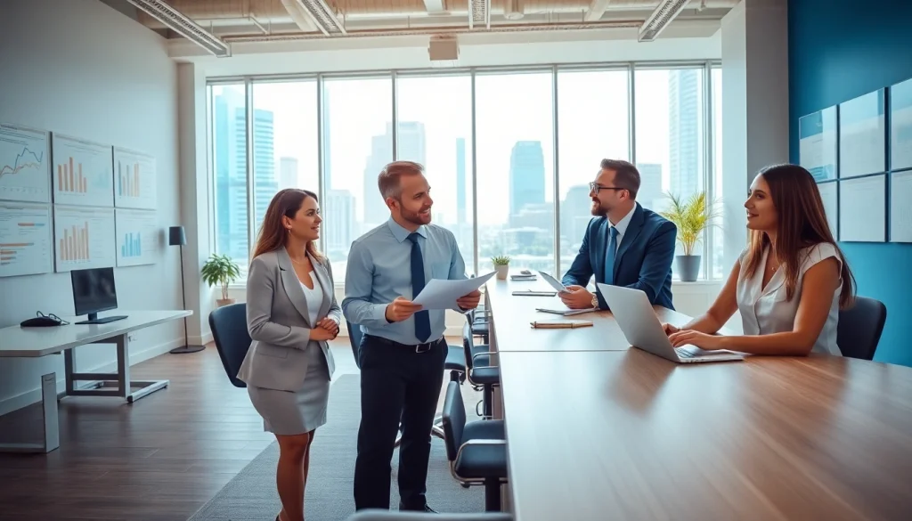 Engaging agents in industrial leasing discussing properties in a modern office setting.