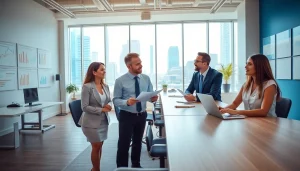 Engaging agents in industrial leasing discussing properties in a modern office setting.